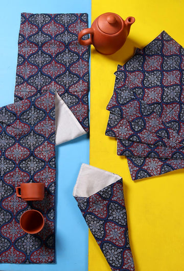 Red-Blue Quilted Ajrakh Runner And 6 Mats Set